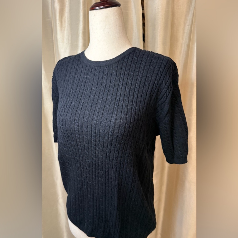 Vintage Pendleton Black Cable Knit Short Sleeve Sweater 100% Cotton Japan M